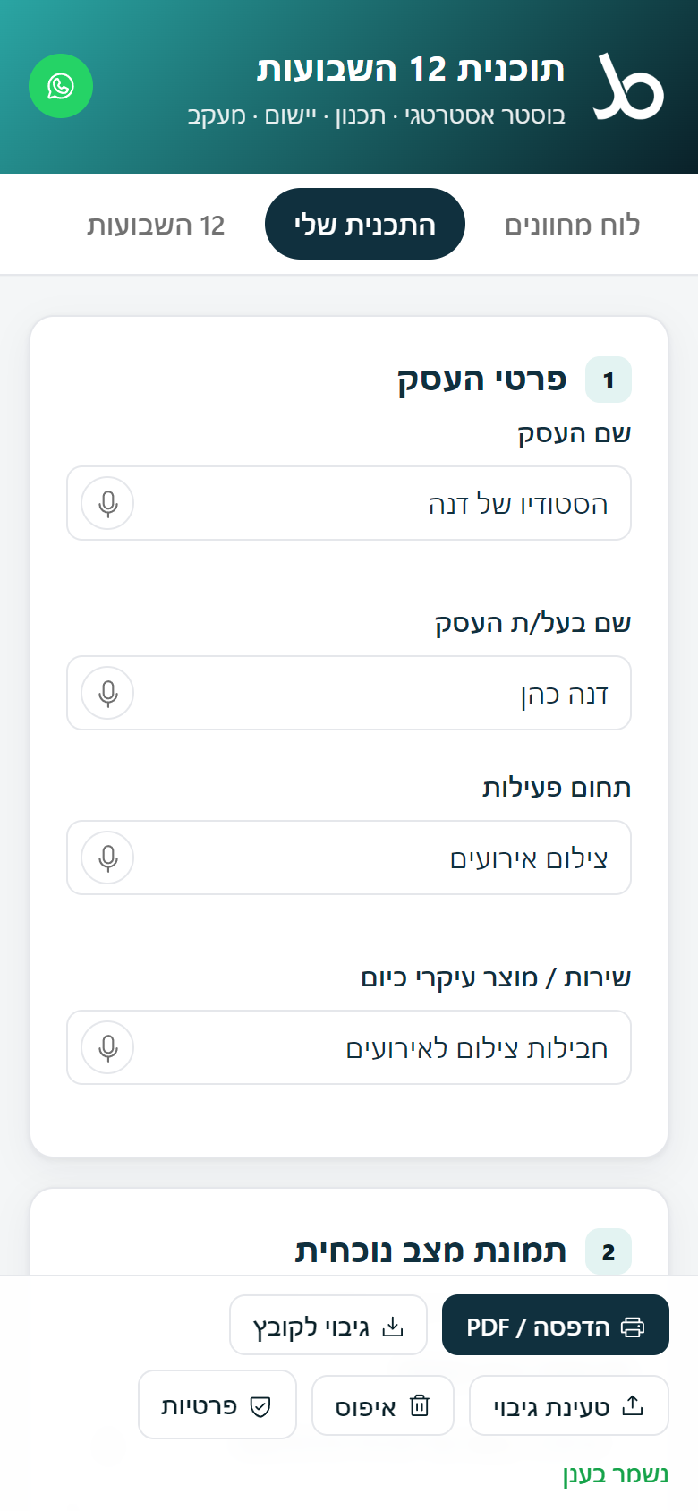 מסך בניית התכנית: פרטי העסק, תמונת מצב נוכחית, ומוקד 12 השבועות
